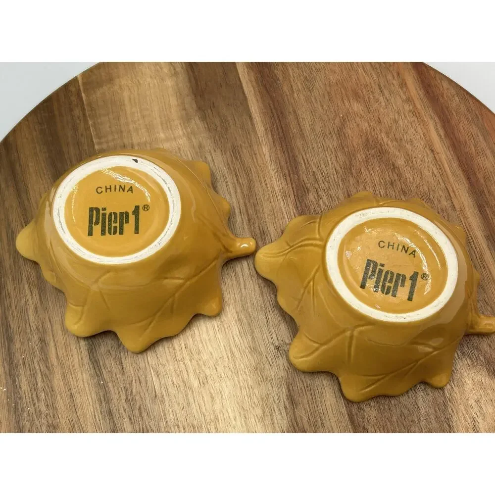Pier 1 Leaf Bowls Set 2pc Ceramic Appetizer Nut Snack Dishes Mustard Yellow Fall